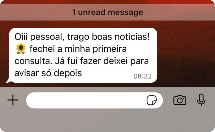 Mensagem de uma veterinária contando que fechou a primeira consulta